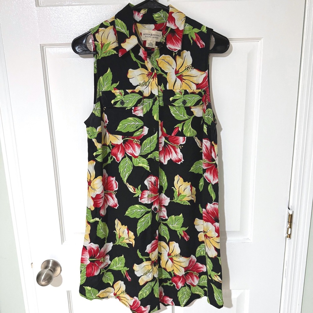 Denim & Supply Ralph Lauren Black Hibiscus Floral Sleeveless Shirt Dress Medium